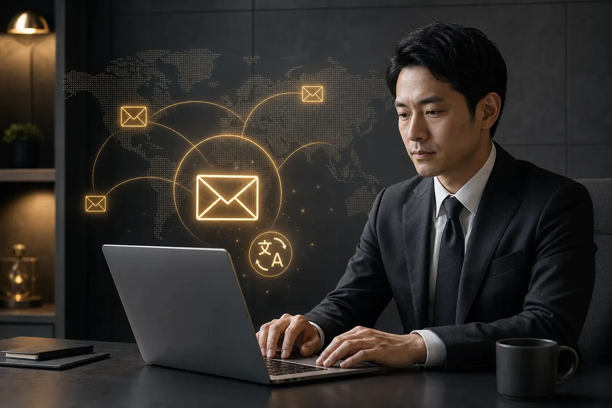 海外取引先とのメール対応を自動化するイメージ