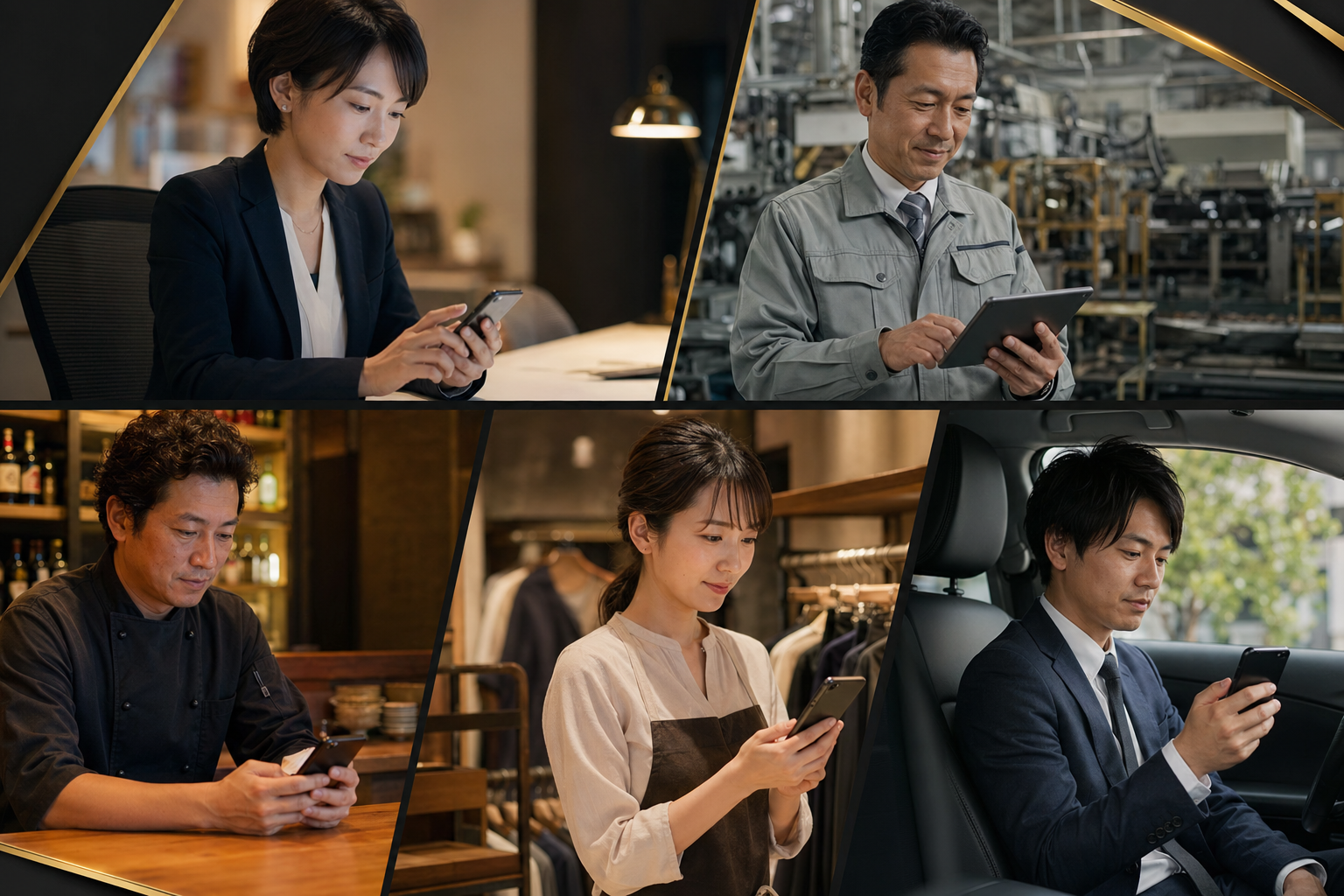 中小企業の経営者・現場リーダーがスマホからAIに業務指示する様々なシーン