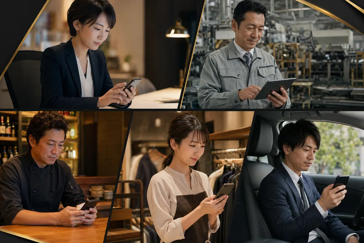中小企業の経営者・現場リーダーがスマホからAIに業務指示する様々なシーン